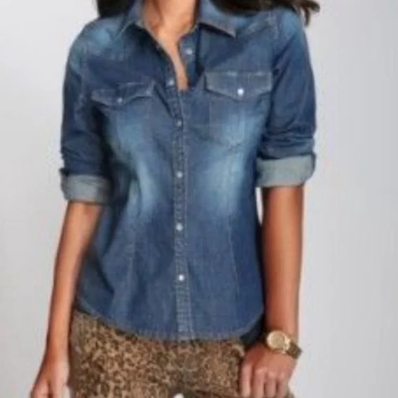 Guess Tops Guess Denim Shirt Long Sleeve Slim Fit Denim Snap